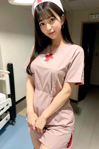 मध्यम बाल, सुंदर लड़की, नर्स वर्दी, अस्पताल